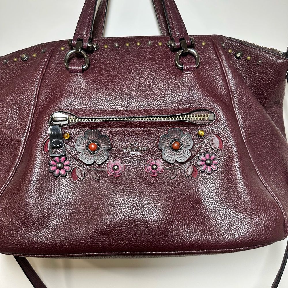 Coach Burgundy Textured Leather Shoulder Bag with Decorative Embellishments